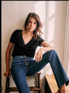 Sézane Black V-Neck Lace Trim Top